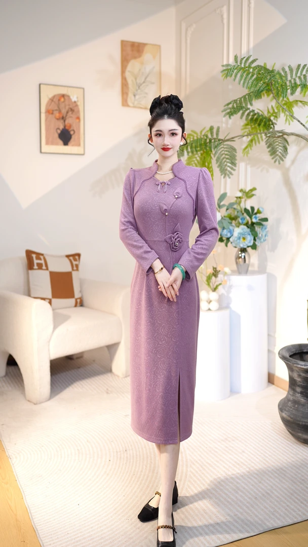 【紫雾花语】复古高级感修身时尚遮肚子显瘦秋款端庄减龄裙装5Q130