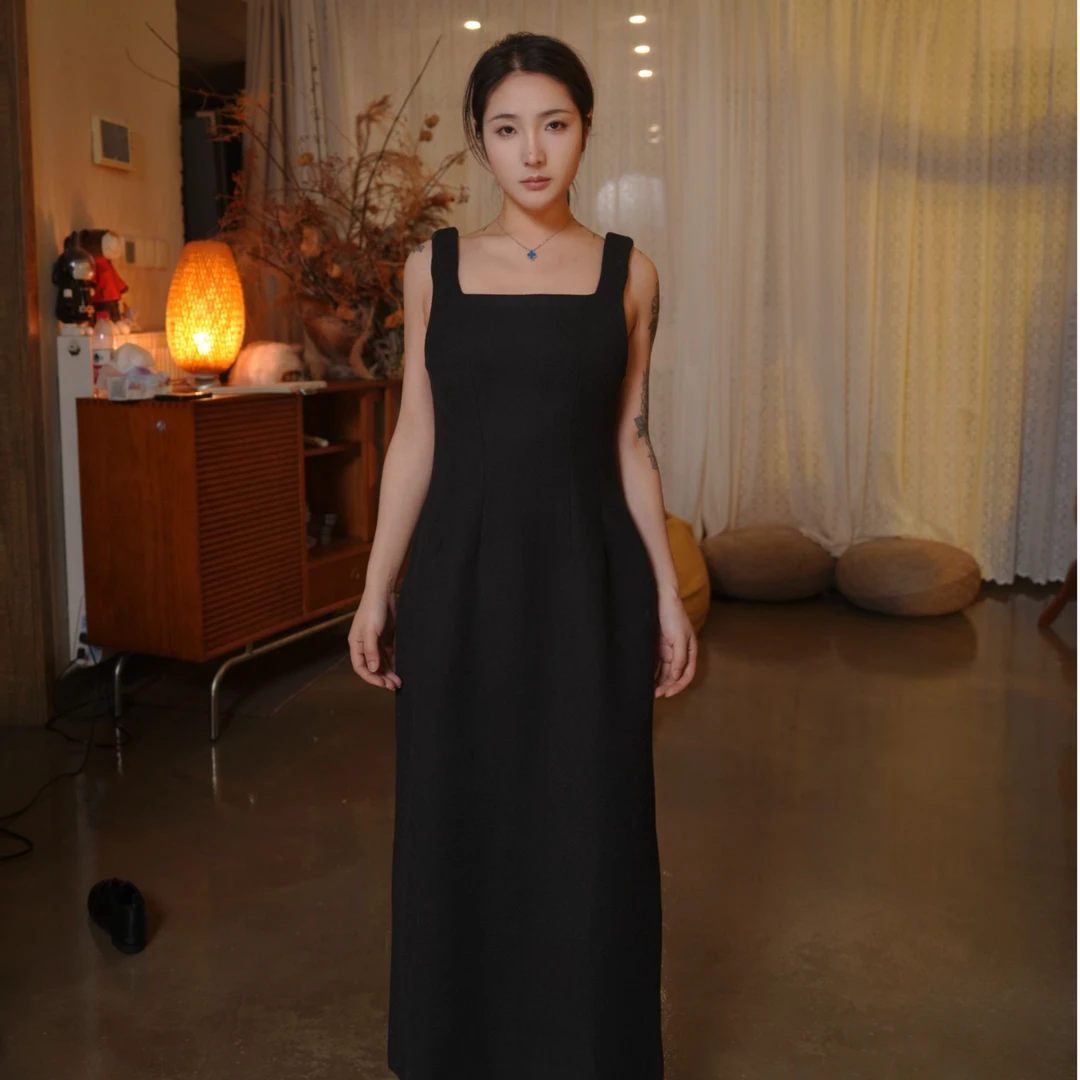 极简风设计师高腰连衣裙长裙显瘦吊带裙A字裙方领25323