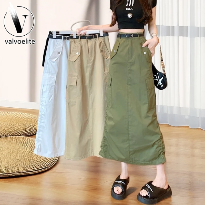 VALVOELITE美式速干工装半身裙女夏中长款休闲高腰显瘦直筒包臀裙