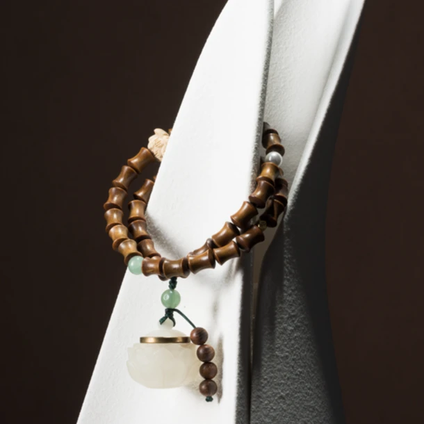 【静夜思】绿檀木竹节双圈莲花香炉手串