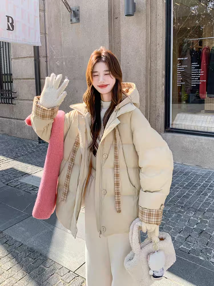 518飘带带格纹中长款羽绒棉服设计感超好看面包服