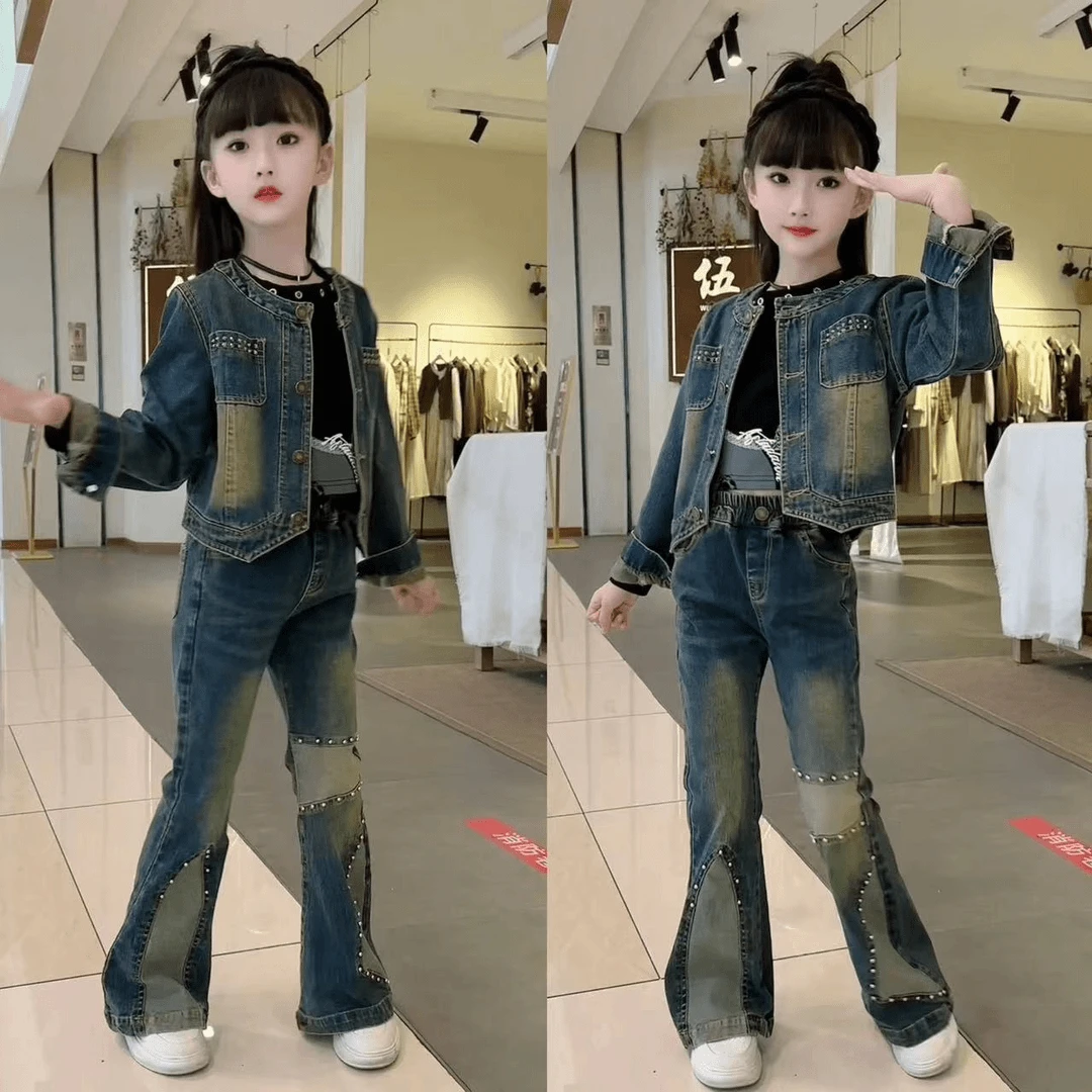女童牛仔套装春装2025儿童新款时髦洋气女孩大童韩版喇叭裤潮酷