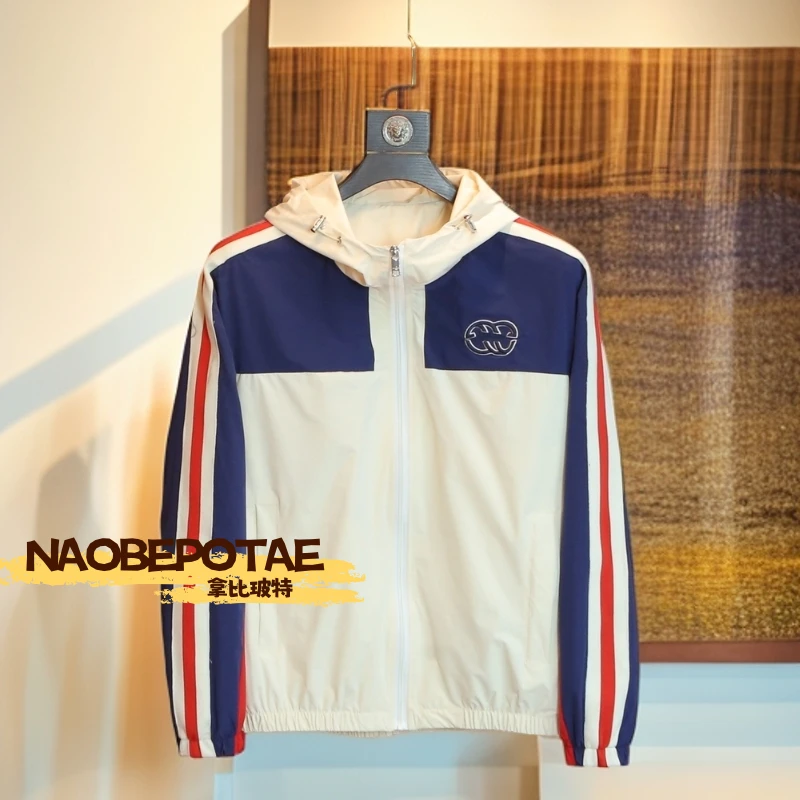 拿比玻特欧货春秋季薄款夹克男装刺绣休闲拼色修身衣服连帽外套