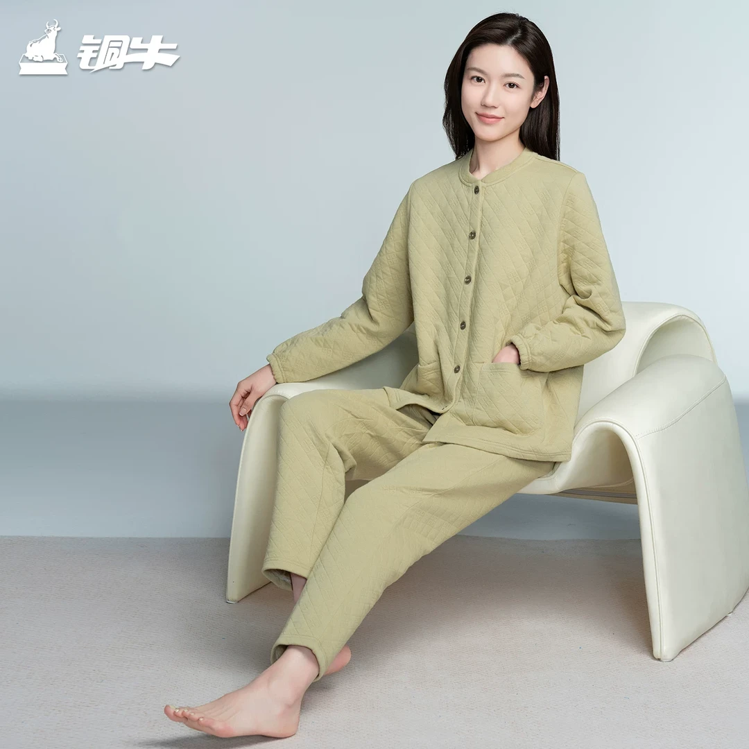 铜牛 秋冬 新款 立领 爆款 菱形环提花 暖棉开襟 中式 家居 女套