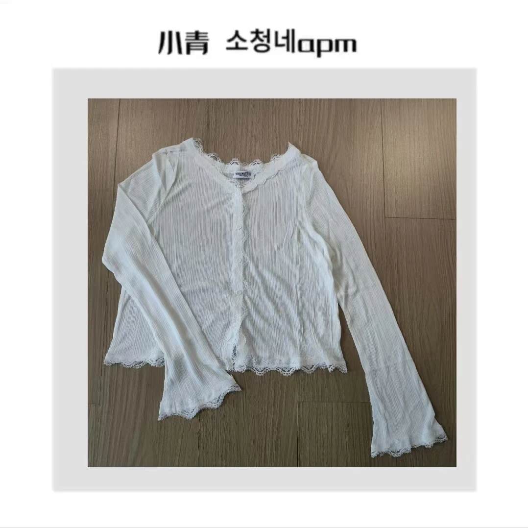 韩国东大门 蕾丝边加长袖子T恤