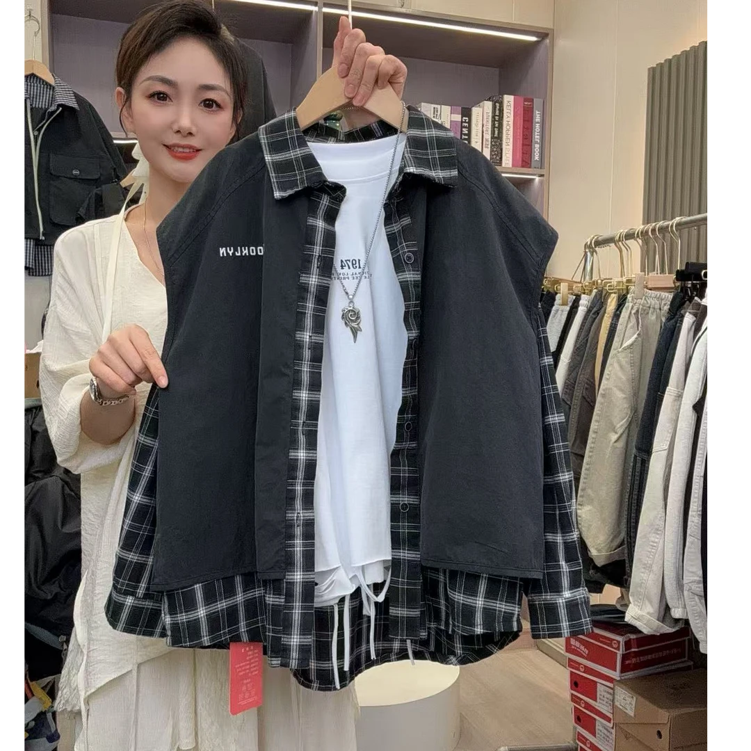 儿童假两件外套2025秋季新款韩版洋气男女童衬衫童装百搭潮流上衣