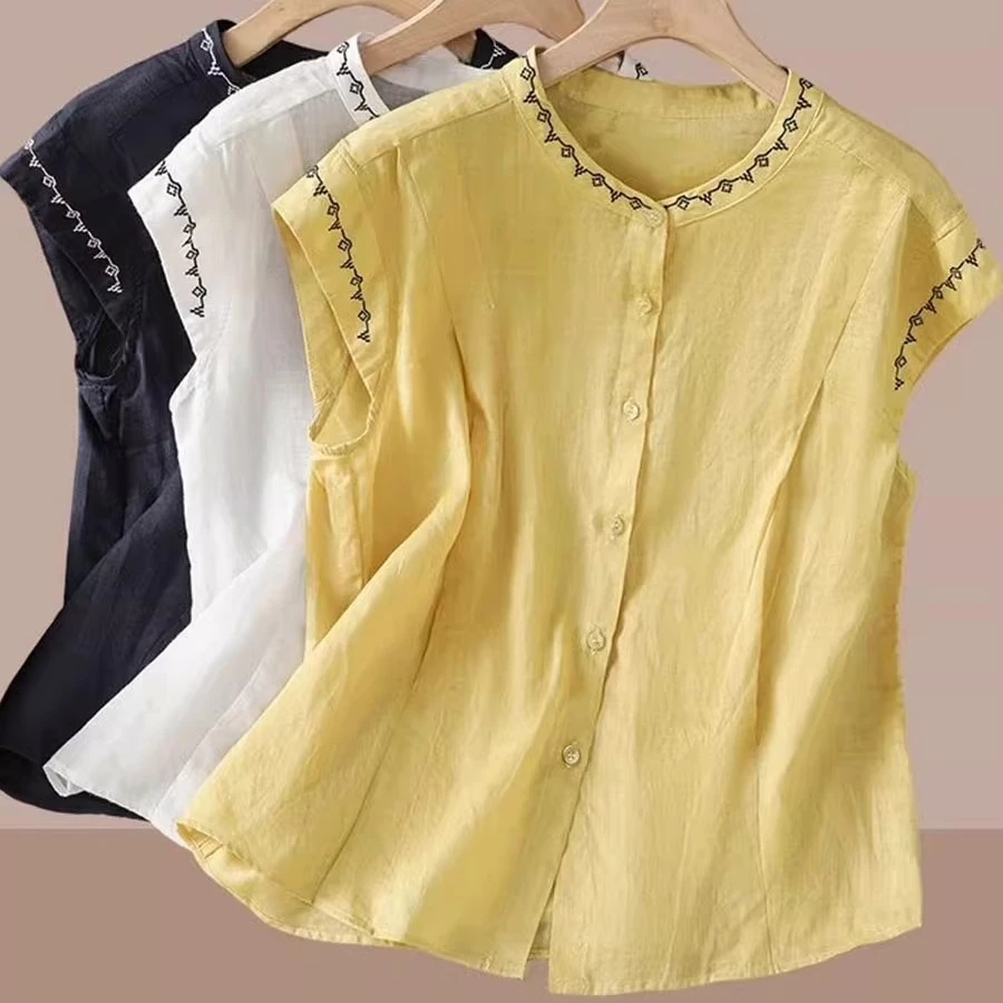 2025新款无袖复古洋气刺绣飞飞袖衬衫女时尚百搭休闲宽松上衣麻衫