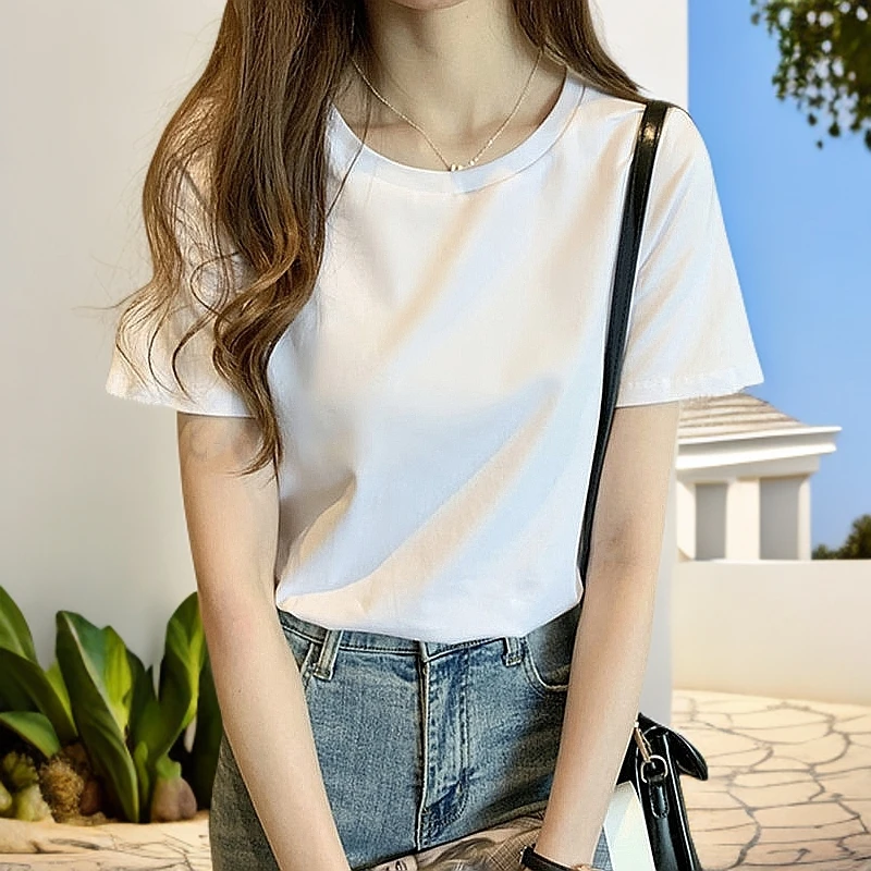 短袖t恤女白色圆领宽松夏季新款韩版半袖纯棉显瘦百搭纯色上衣ins