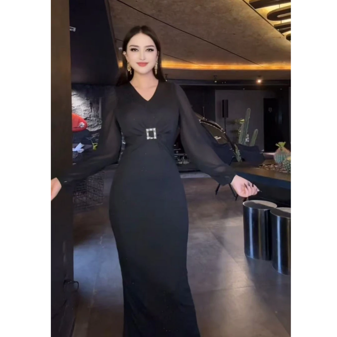 3101【贝贝】新款时尚气质黑色烫钻显瘦女装连衣裙