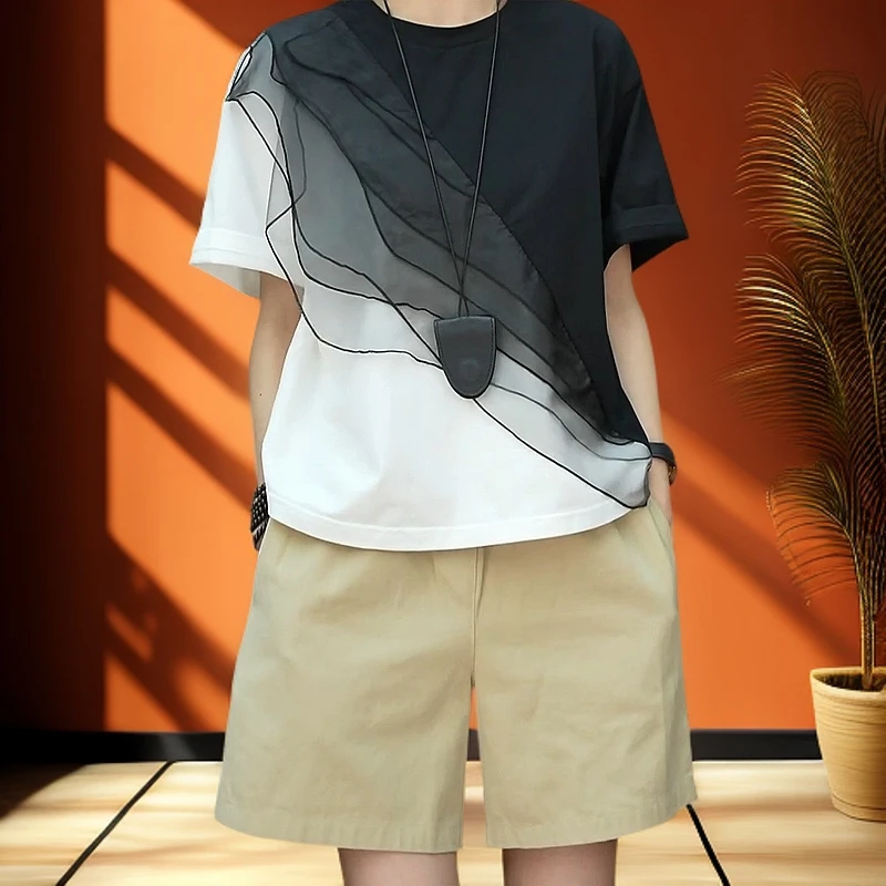 【风絮】2025夏季新款时尚百搭文艺碎花波浪轻奢黑色T恤女短袖上衣