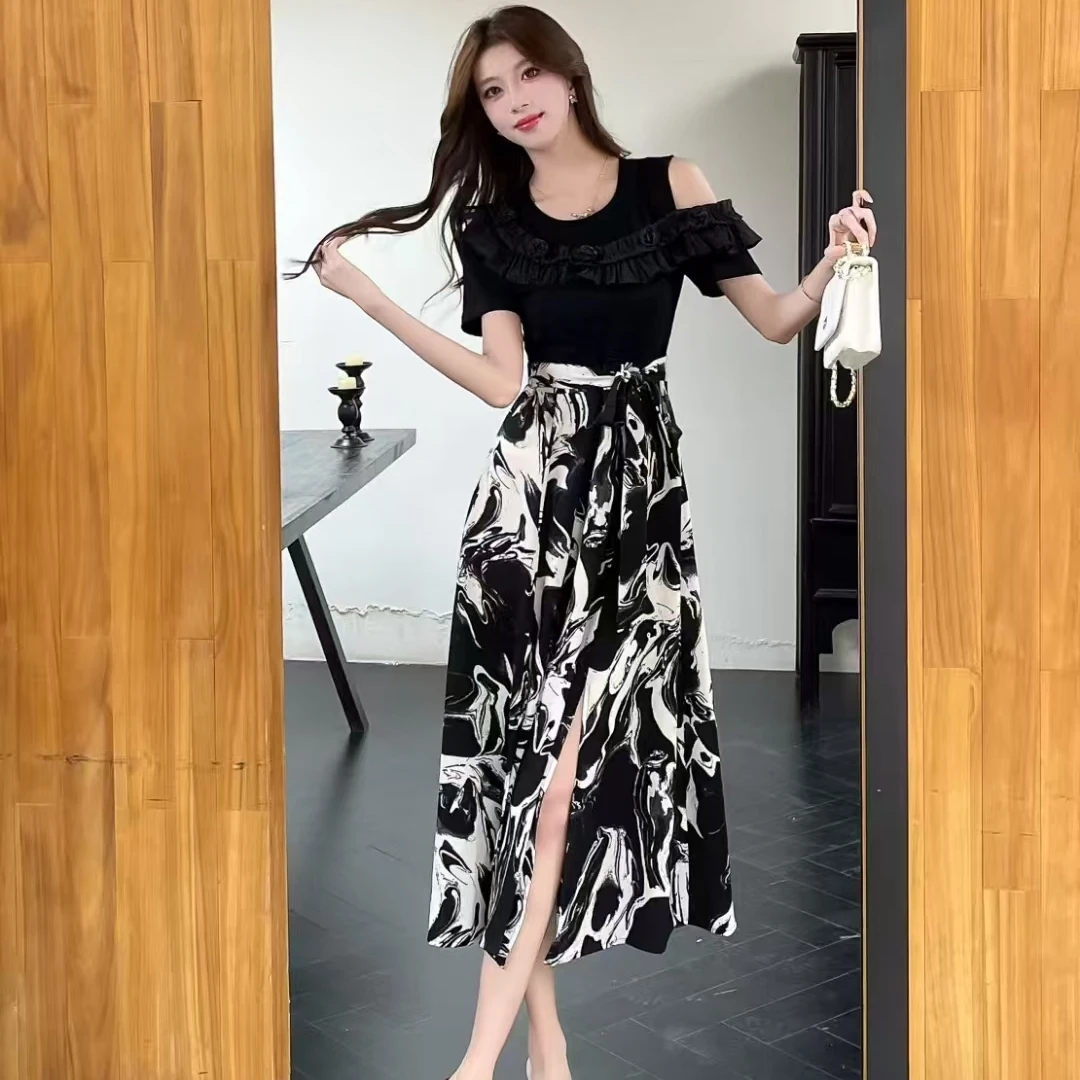 复古高腰短袖修身显瘦夏季轻职风纯色连衣裙不规则泡泡袖中长款女