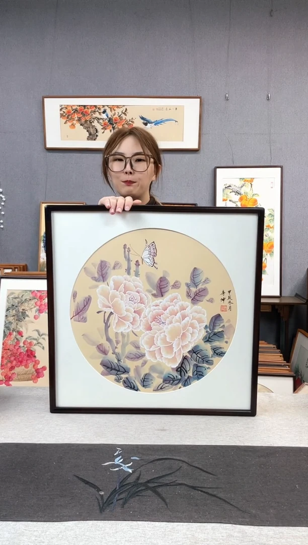 【闪购商品】国画李坤-手绘带框作品-53*53-牡丹