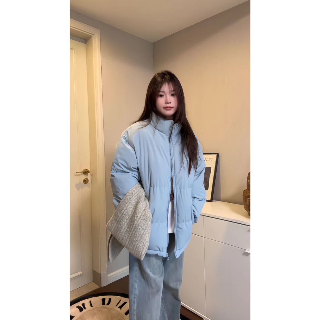 立领复古格子拼接棉服男女冬季不臃肿显瘦面包服夹棉加厚棉衣外套