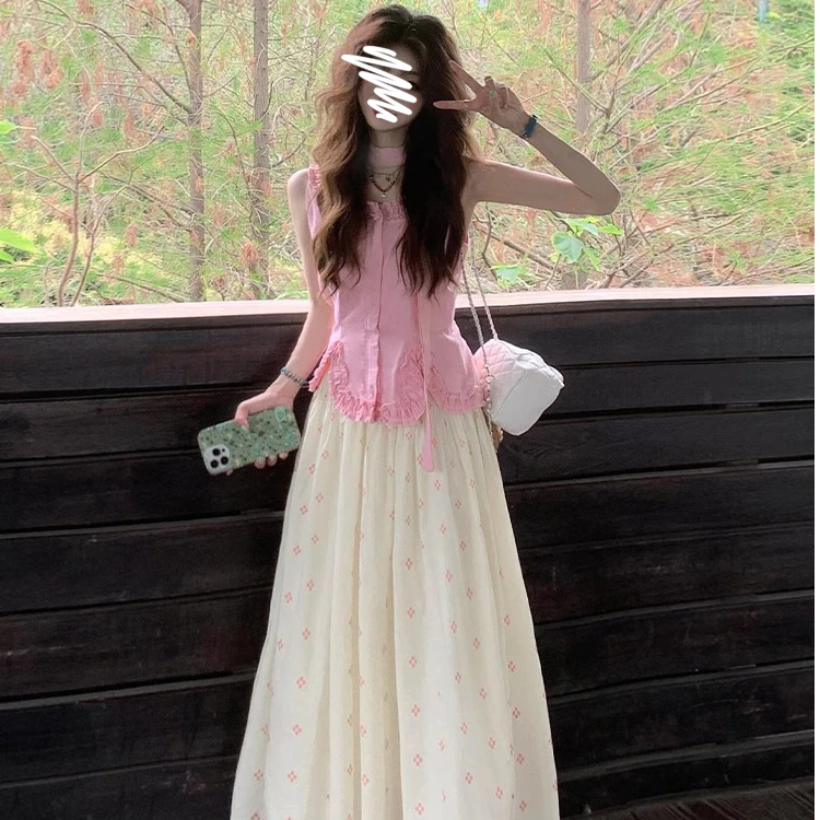 夏季小个子减龄韩风chic一整套穿搭粉色无袖半身裙套装2025新款女