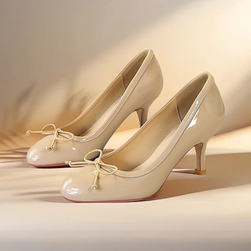 复古杏色芭蕾鞋宴会高跟鞋细跟浅口圆头漆皮亮面7公分蝴蝶结单鞋