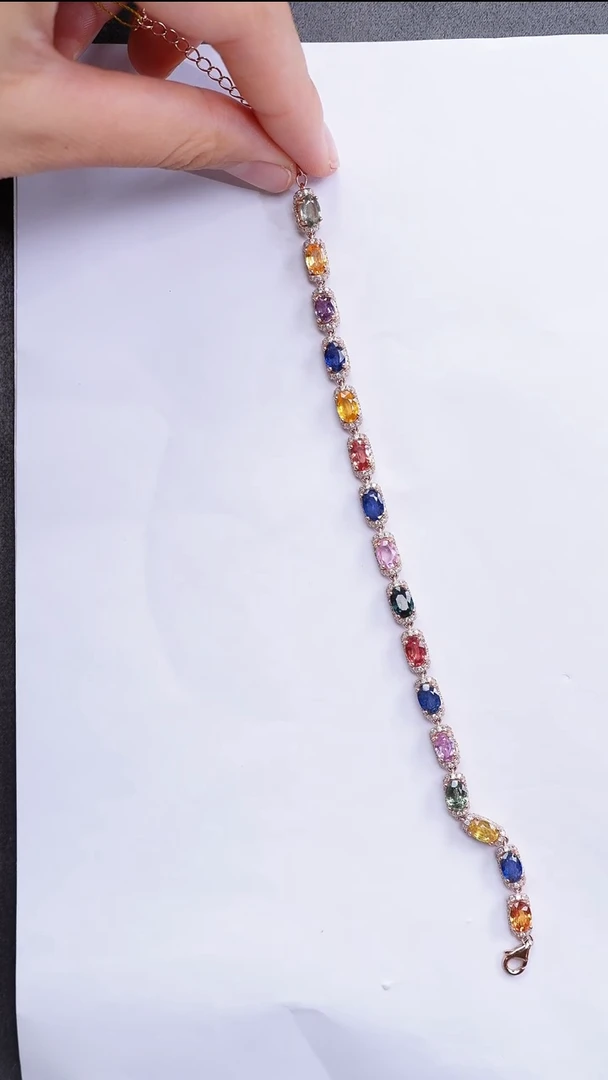彩色蓝宝石手链银S925镶嵌手链