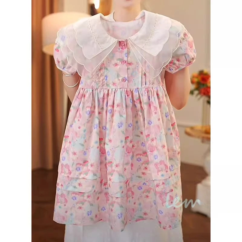 女童碎花泡泡袖连衣裙2025夏款中大童娃娃领翻领公主裙海边沙滩裙