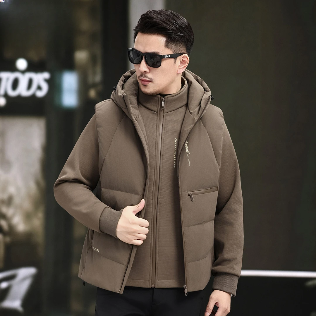高端男士新款羽绒服冬季新款连帽羽绒马甲立领加绒卫衣男真两件套