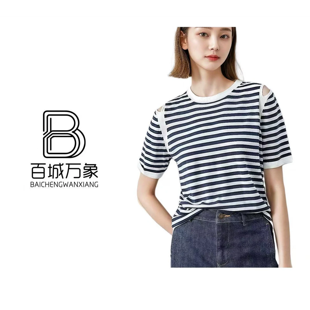 丨薄款条纹设计师露肩圆领针织半袖-2150