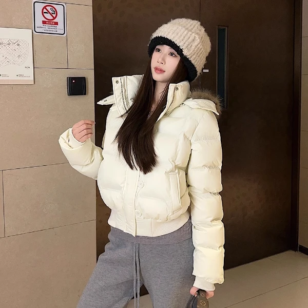 甜美大毛领连帽加厚棉服外套女冬季2024年新款毛绒保暖棉衣棉袄