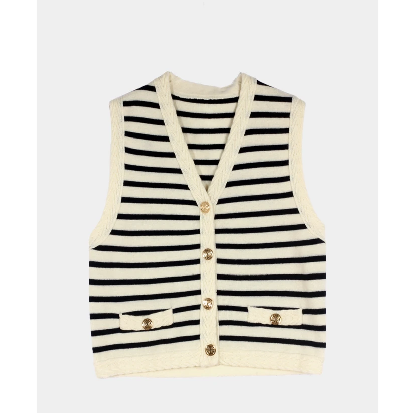 凯特丝蓓114#针织马甲女2024春新款小香风条纹短款开衫1-1152