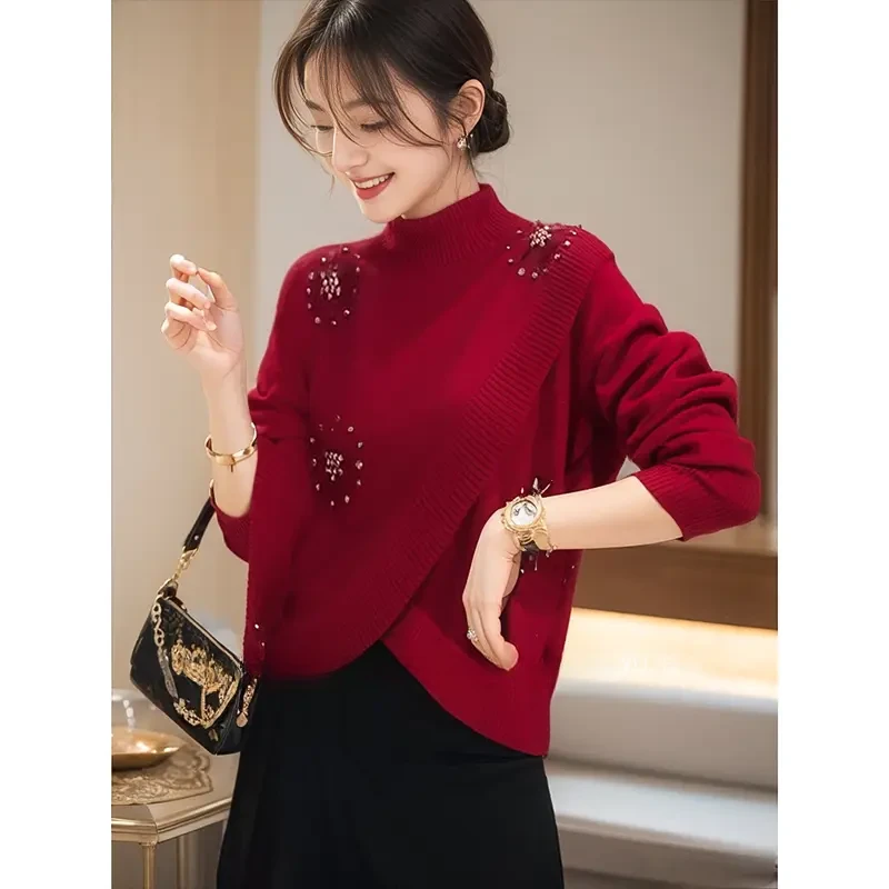 中国红针织衫毛衣半高领宽松洋气女新款打底线时尚