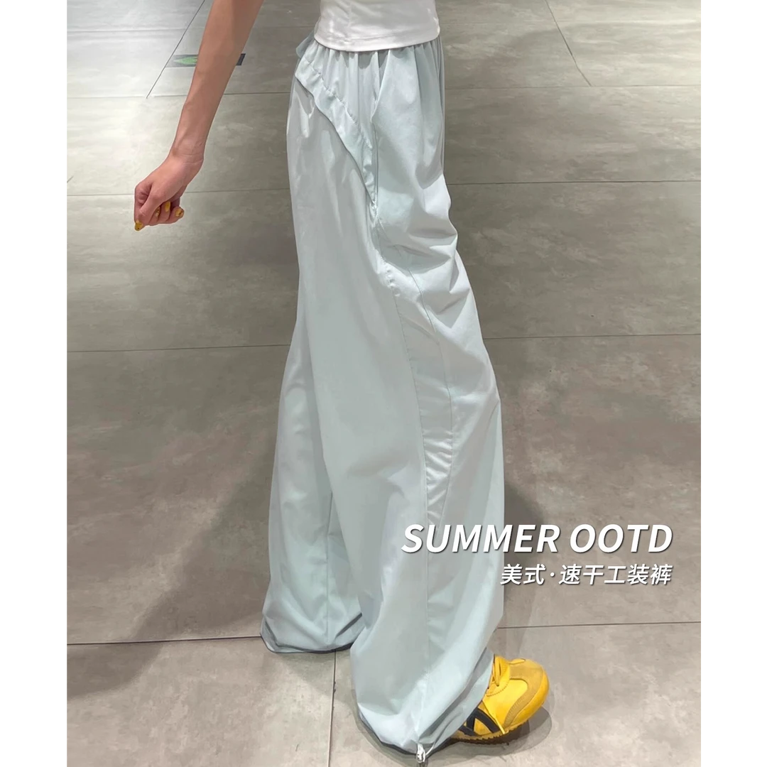 女夏季薄款冰丝工装裤2025裤子网红款韩系ins洋气多巴胺阔腿裤子