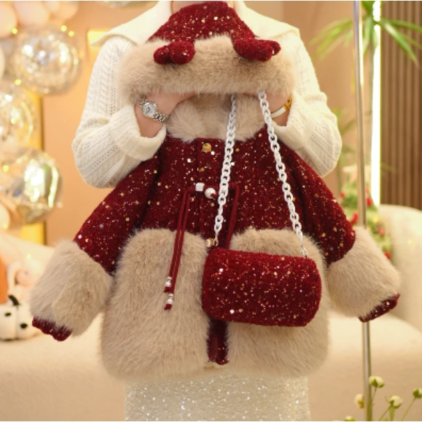 【现货在仓】2025女童新款冬装气质连帽加绒加厚红色草草外套