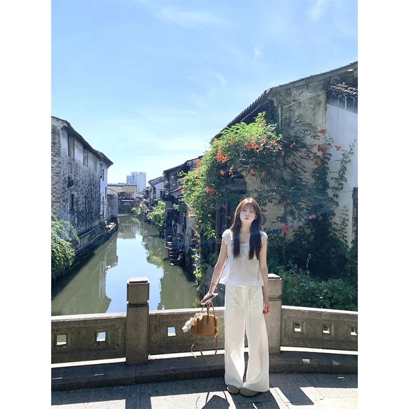 时尚穿搭女U领花边系带清新显瘦百搭小众韩版上衣直筒阔腿休闲裤