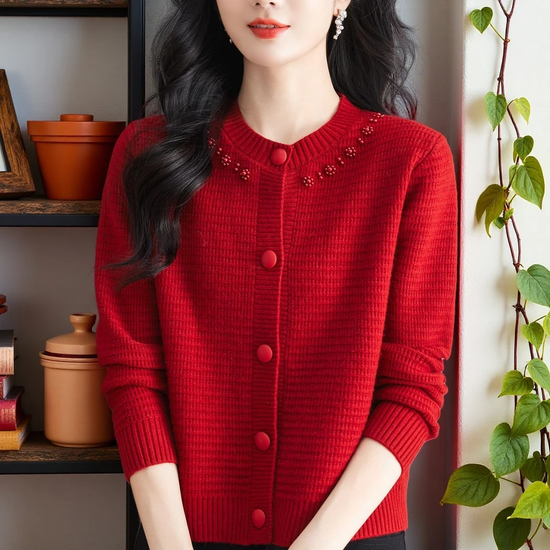 羊绒衫针织衫开衫2025春秋新款妈妈装毛衣女士洋气外套