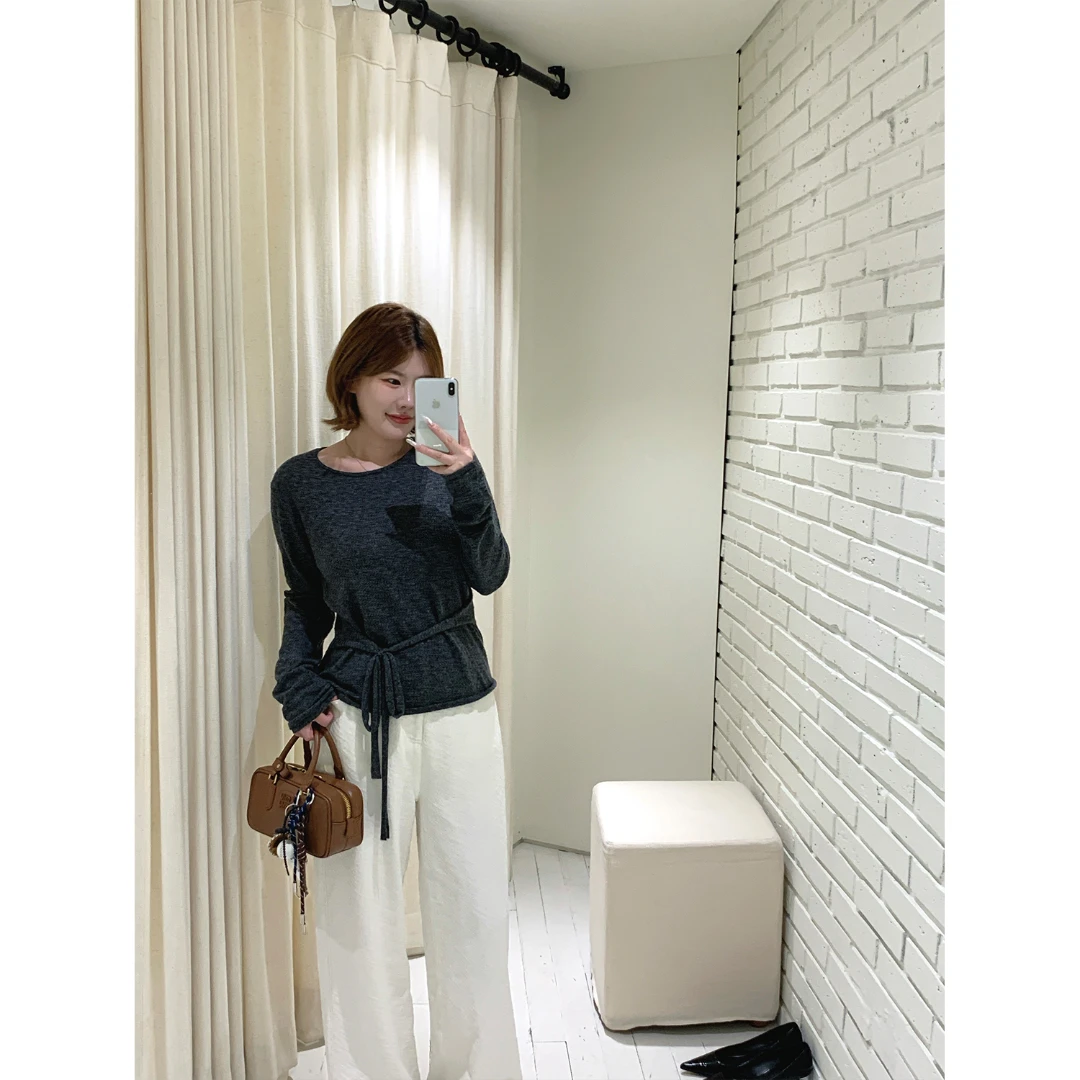 酒心微胖定制 软糯糯 刷毛绒感圆领宽松慵懒绑带长袖毛衣