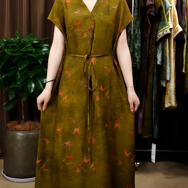 蝴蝶冠乐皱双面双穿新中式轻奢风圆领中长裙连衣裙中式重磅中长