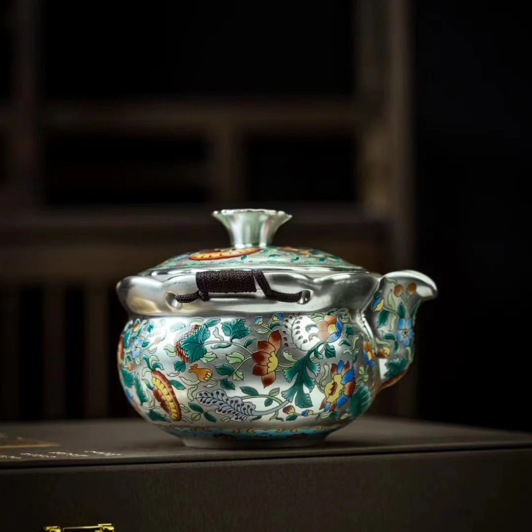 玲珑 鎏银斗彩万花珐琅彩一壶两杯+壶承-6046