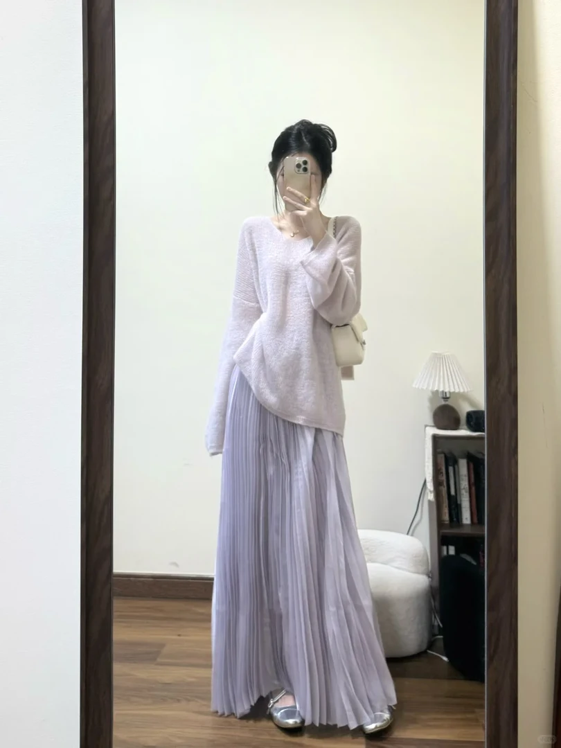 2025早春搭配一整套女紫色毛衣半身裙子穿搭温柔减龄漂亮两件套女