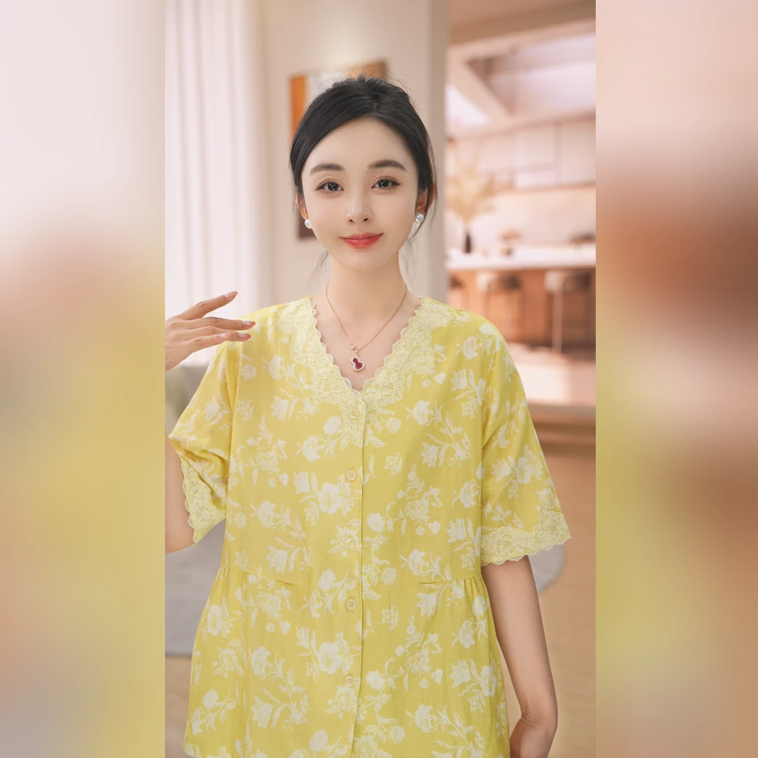 秋鹿春日花风铃木薄款五分袖九分裤睡衣家居服套装QHAP250D