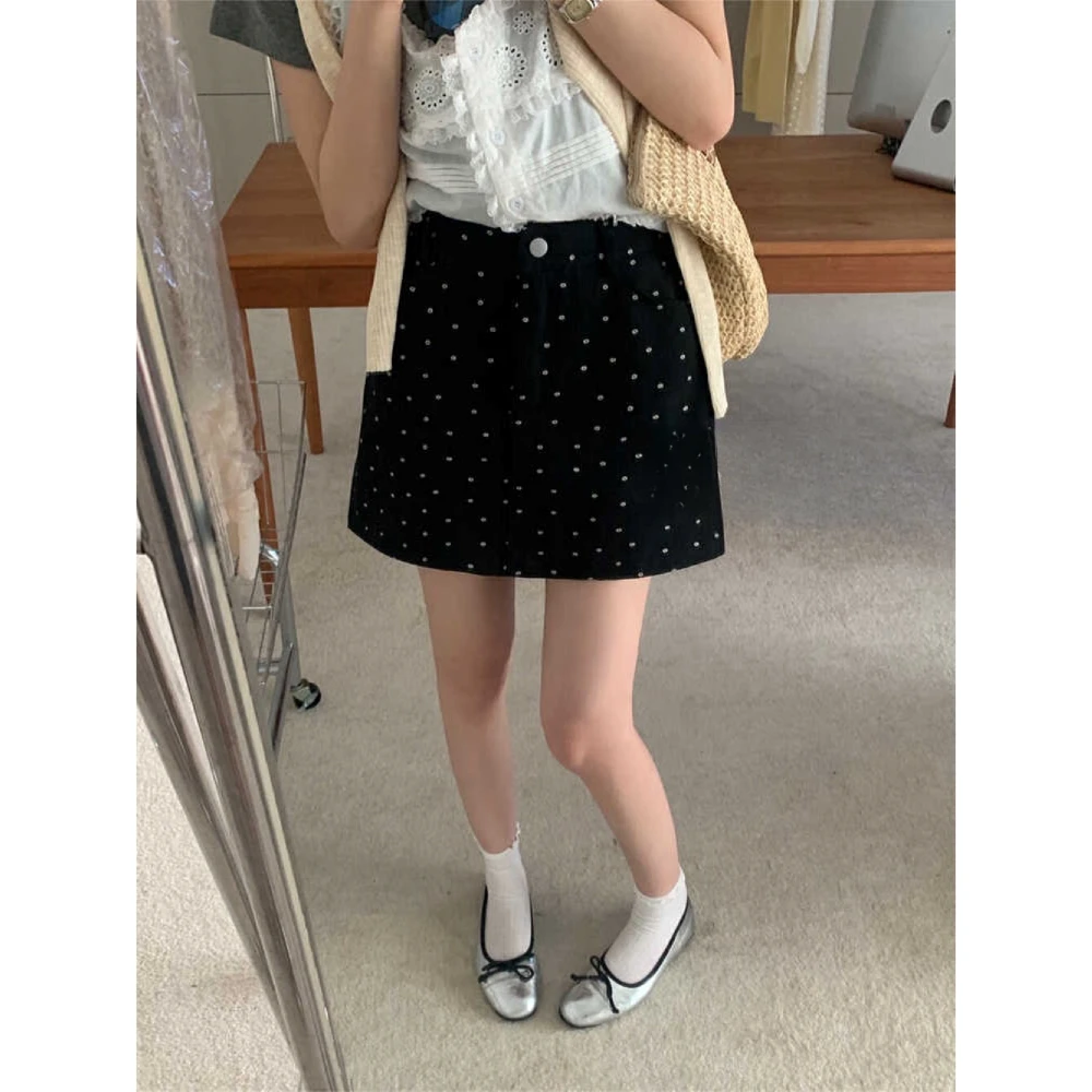 大码韩系碎花黑色牛仔裙女夏季高腰显瘦包臀短裙防走光a字半身裙