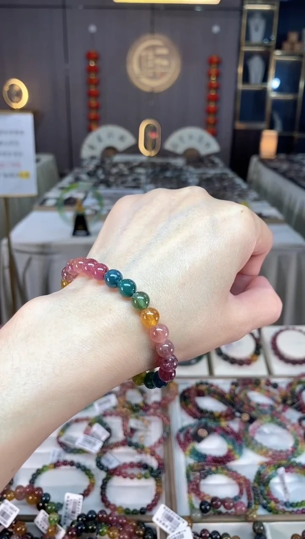 未镶嵌冰透体老矿碧玺色标彩虹单圈手串7mm+碧玺hon多样性发一条