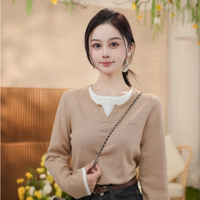 【视频同款】茵曼春季法式假两件针织衫圆领百搭修身长袖上衣女