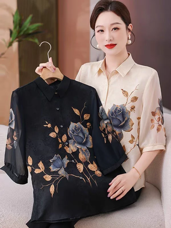 妈妈夏季上衣时尚翻领中老年女装洋气短袖衬衫