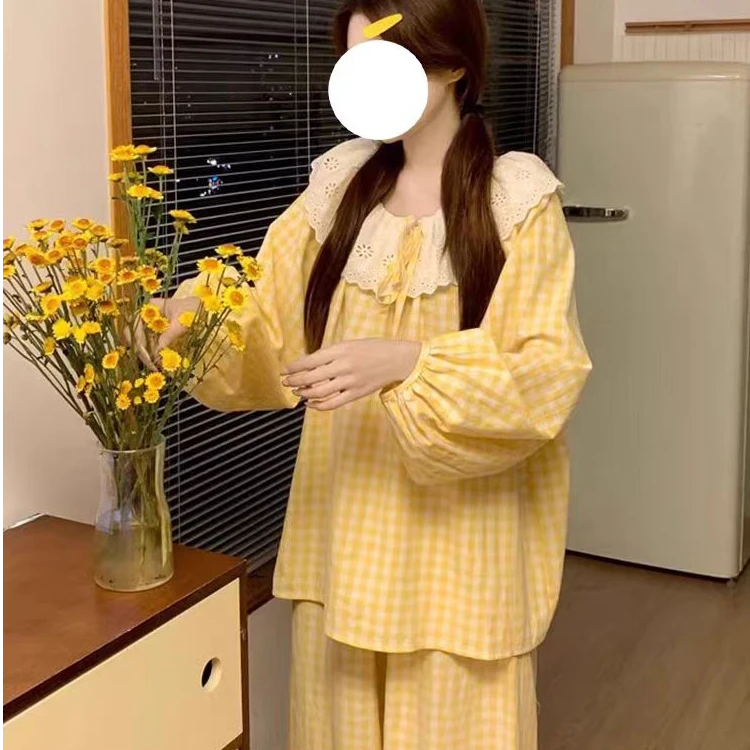 韩版ins风睡衣女春秋季长袖棉柔甜美花边格子休闲大码家居服套装