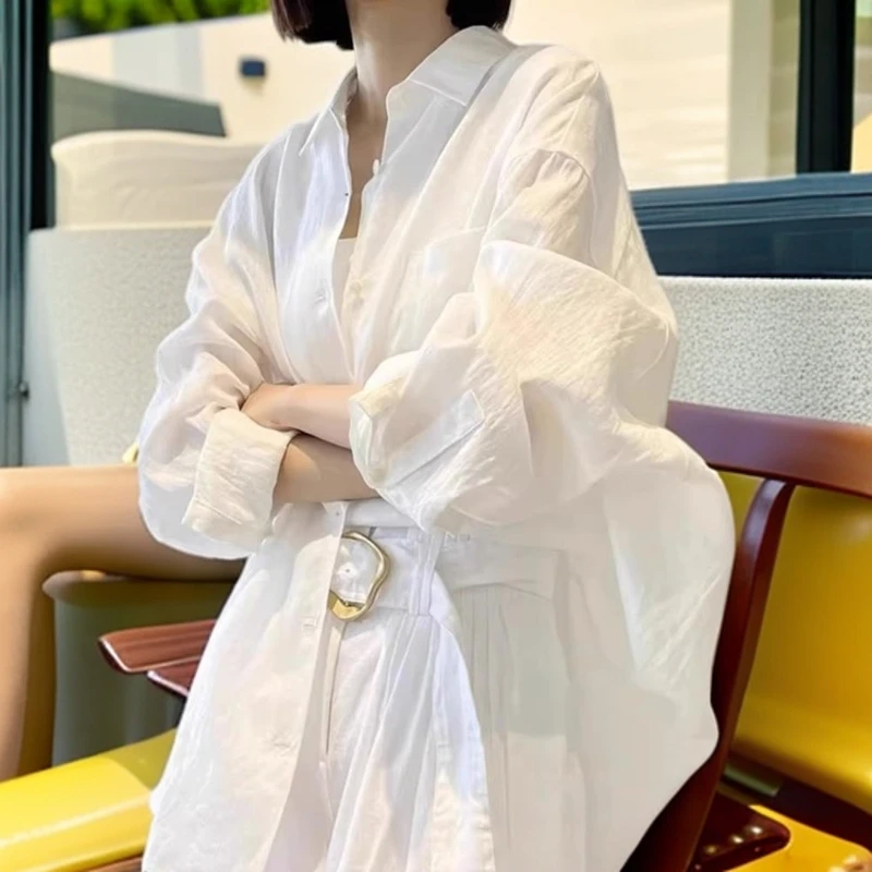 GPTSu宽松白色长袖防晒衬衫女春外搭开衫高级感亚麻衬衣韩版上衣
