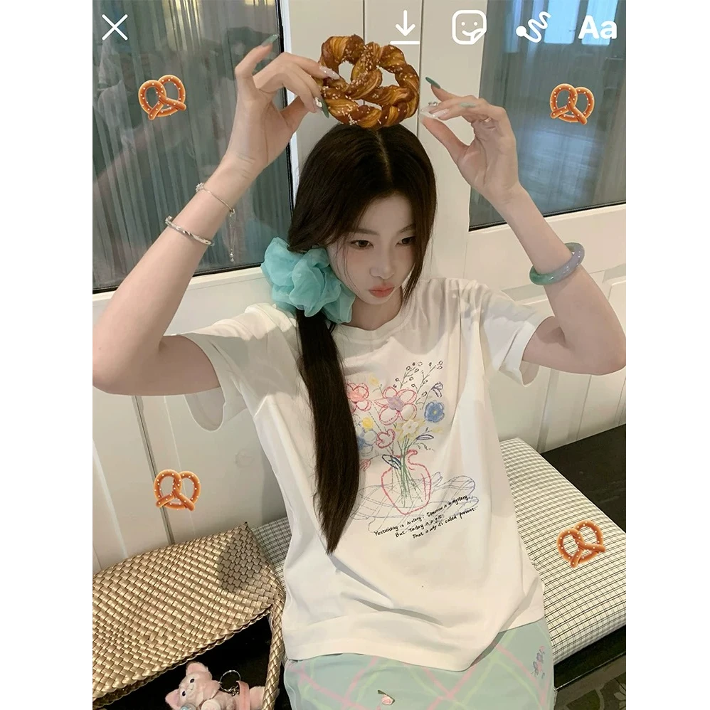 夏季新款女装慵懒风纯棉T恤短袖女宽松休闲百搭印花温柔上衣