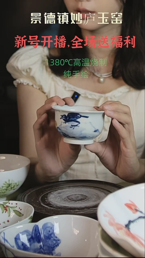 摆件景德镇高温手绘枇杷小鸟微瑕