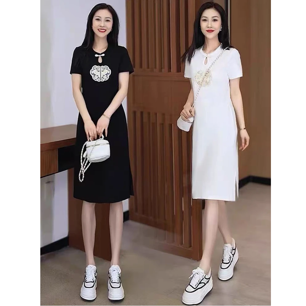 素境2398国风休闲连衣裙夏季新款时尚宽松显瘦气质开叉T恤裙子潮