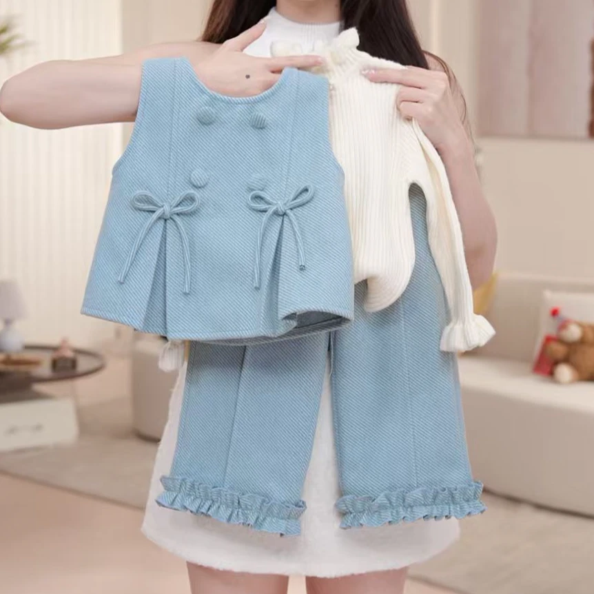 【薄荷】女童秋冬夹棉马甲三件套加绒裤子毛衣套装休闲女孩DD50167