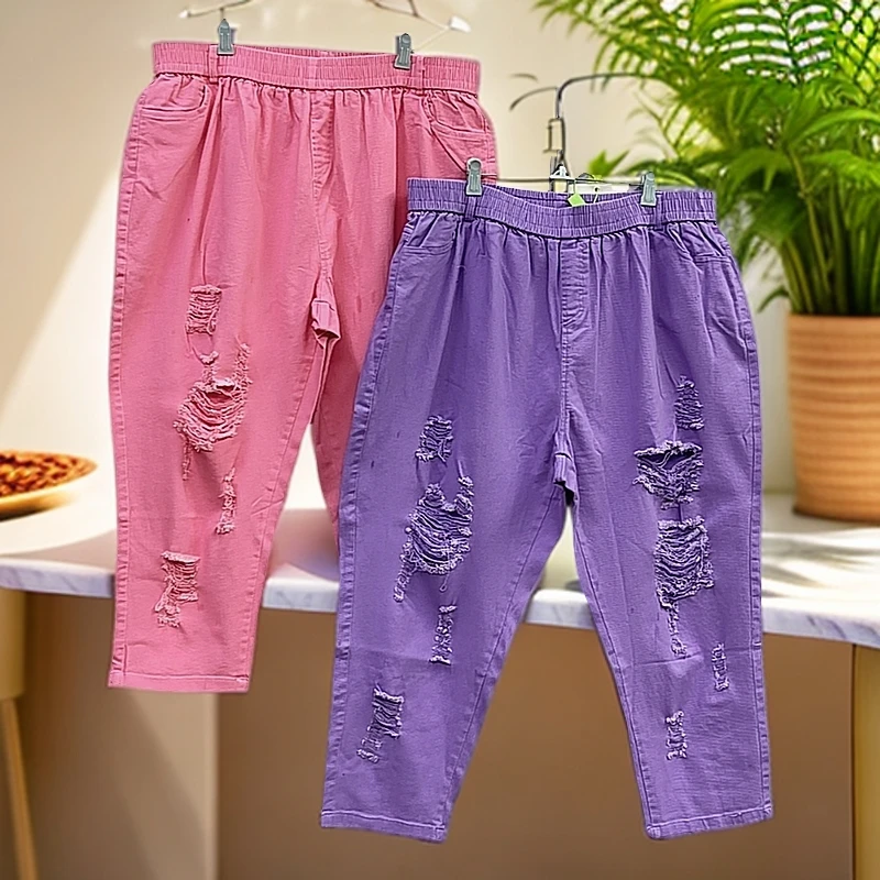 250-300斤 裤长90 洋气高弹前后破洞牛仔裤