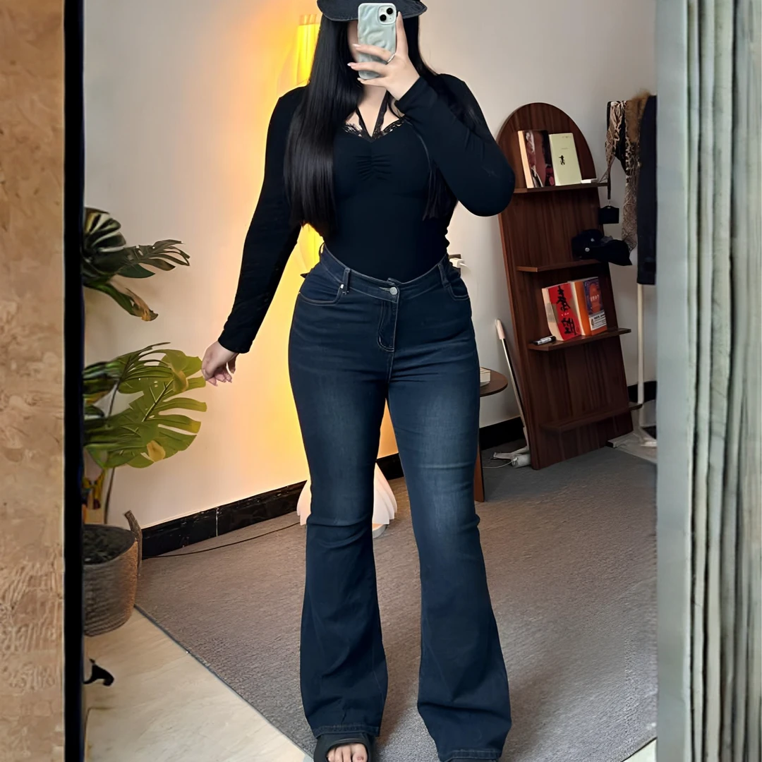 裤长114cm 中低腰V腰微喇牛仔裤女2025秋冬加绒辣妹提臀喇叭裤