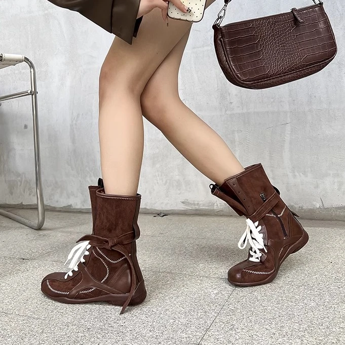 设计师款平底内增高拳击靴女复古马丁靴圆头拼色系带户外系带短靴