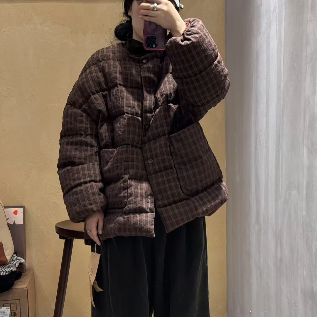 2025新款休闲复古宽松格子文艺冬季百搭加厚亚麻天丝羽绒服M7000