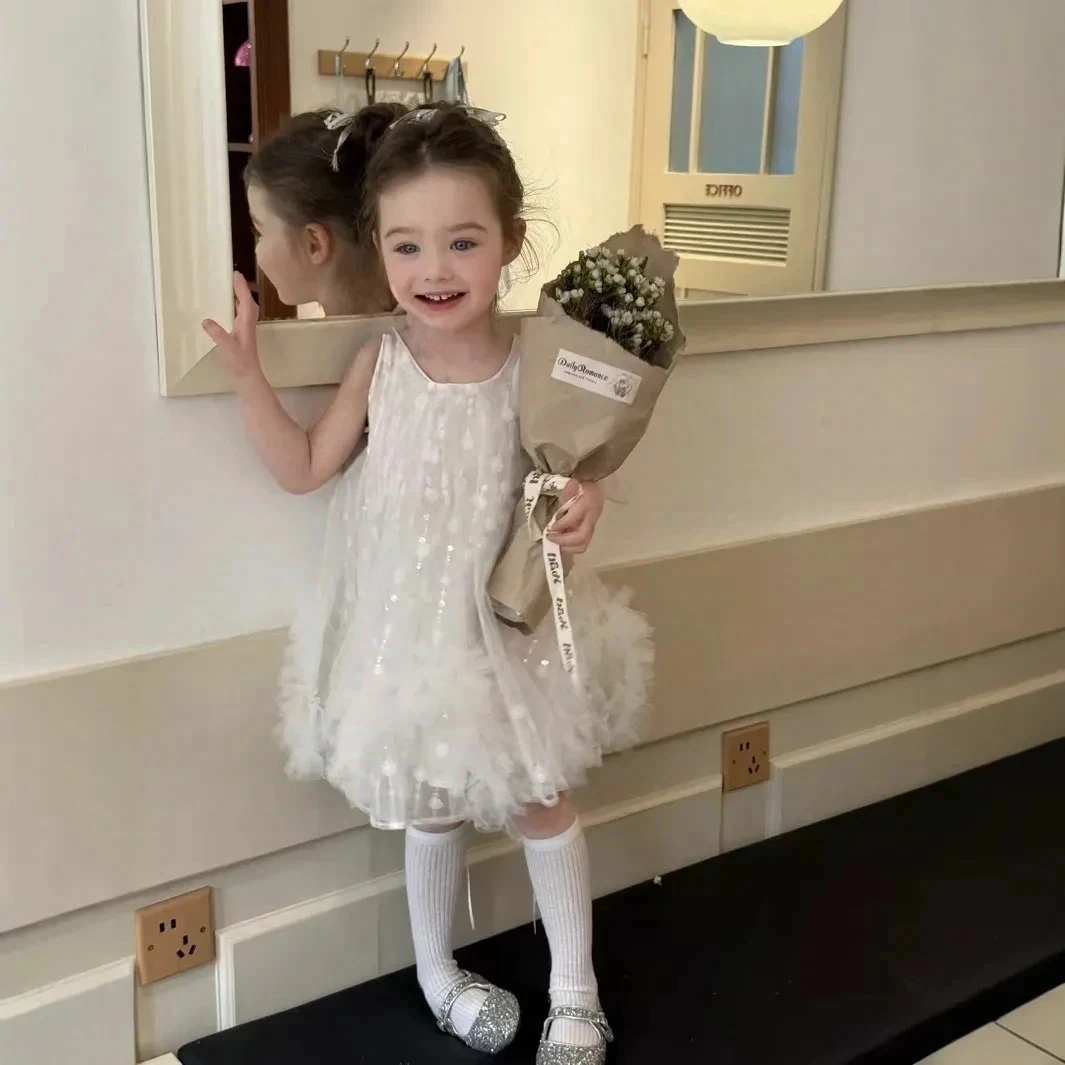 J13“月光天使”夏2025新款女童韩系洋气夏天甜美立体花朵网纱裙